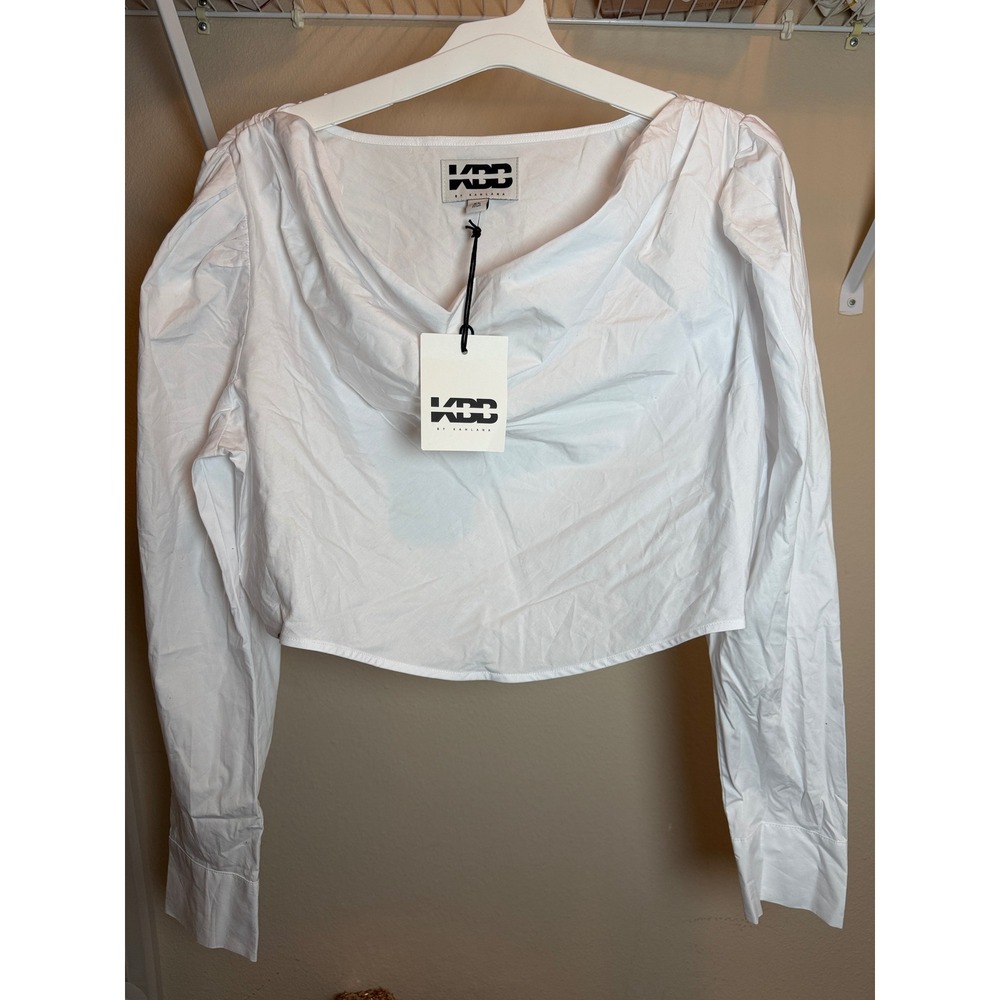 KBD by Karlana White Long Sleeve Draped Cowl Neck Puff Shoulder Crop Top XS NWT
